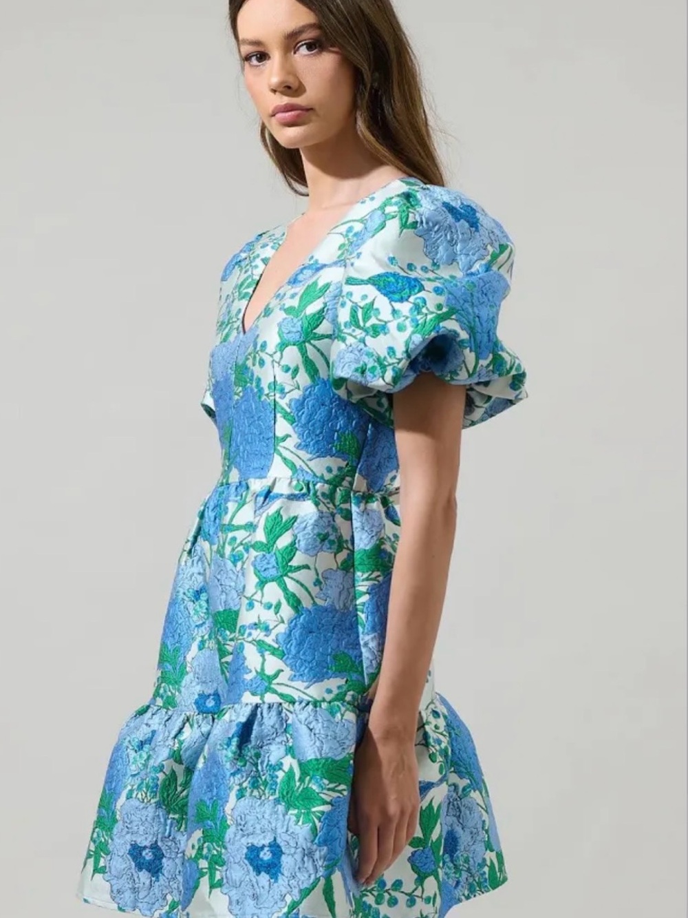 Blue & Green Floral Puff-Sleeve Mini Dress